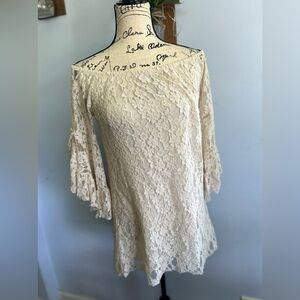Elan short tunic dress lace bohemian hippie Gypsy bell sleeves off shoulder